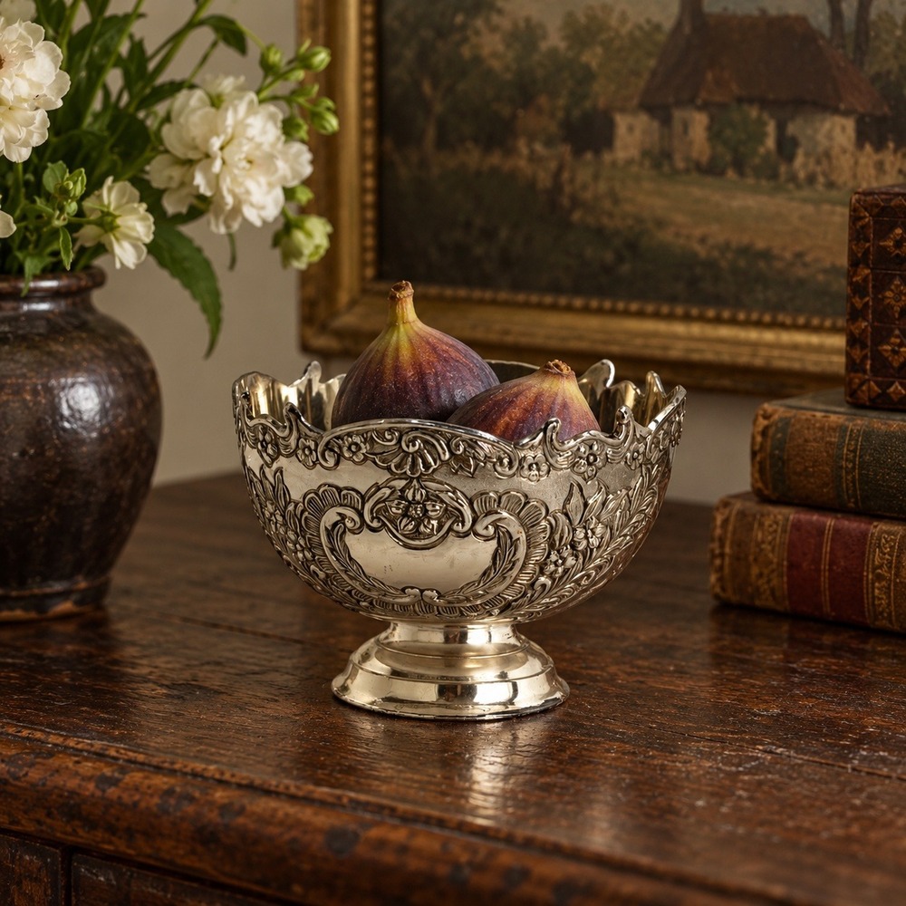 Vintage Ornate Silver Tone Pedestal Bowl, 4 Inch Scalloped Trinket Dish